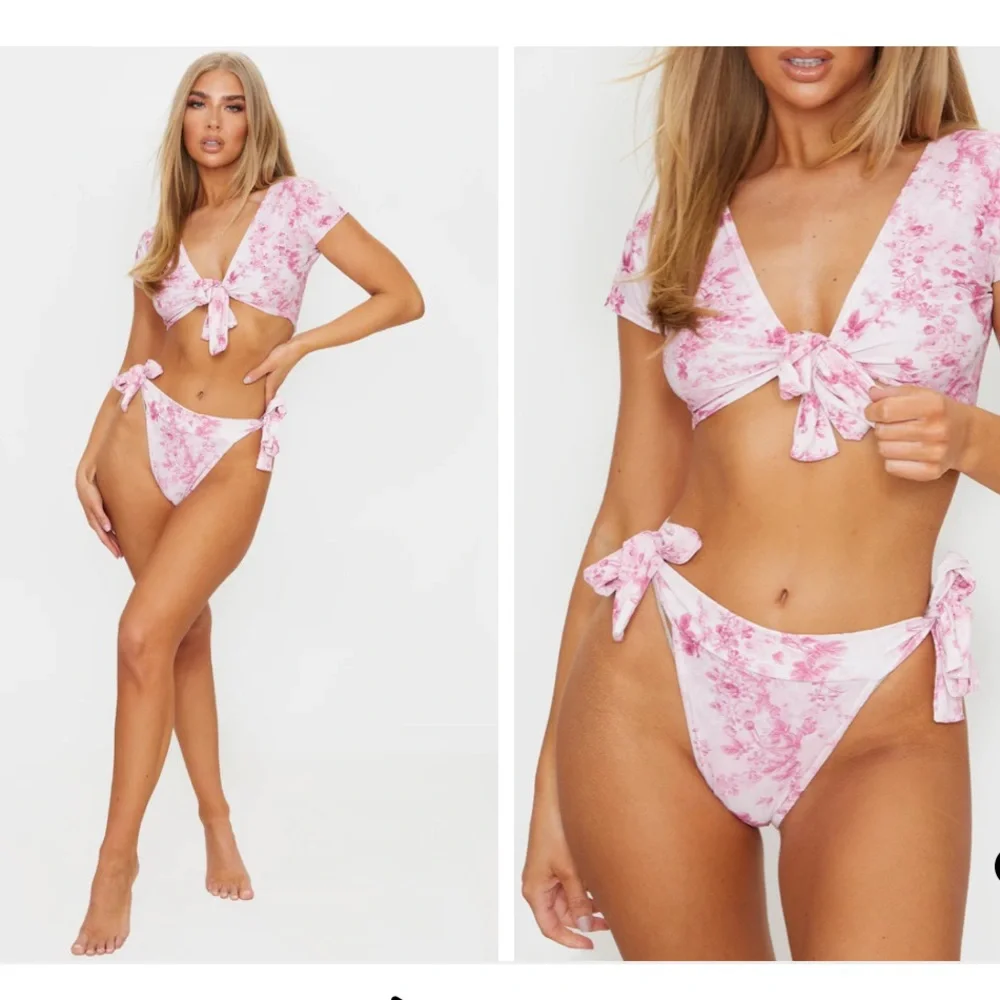 Pretty Little Thing pink floral tie bikini set - Picture 1 of 3